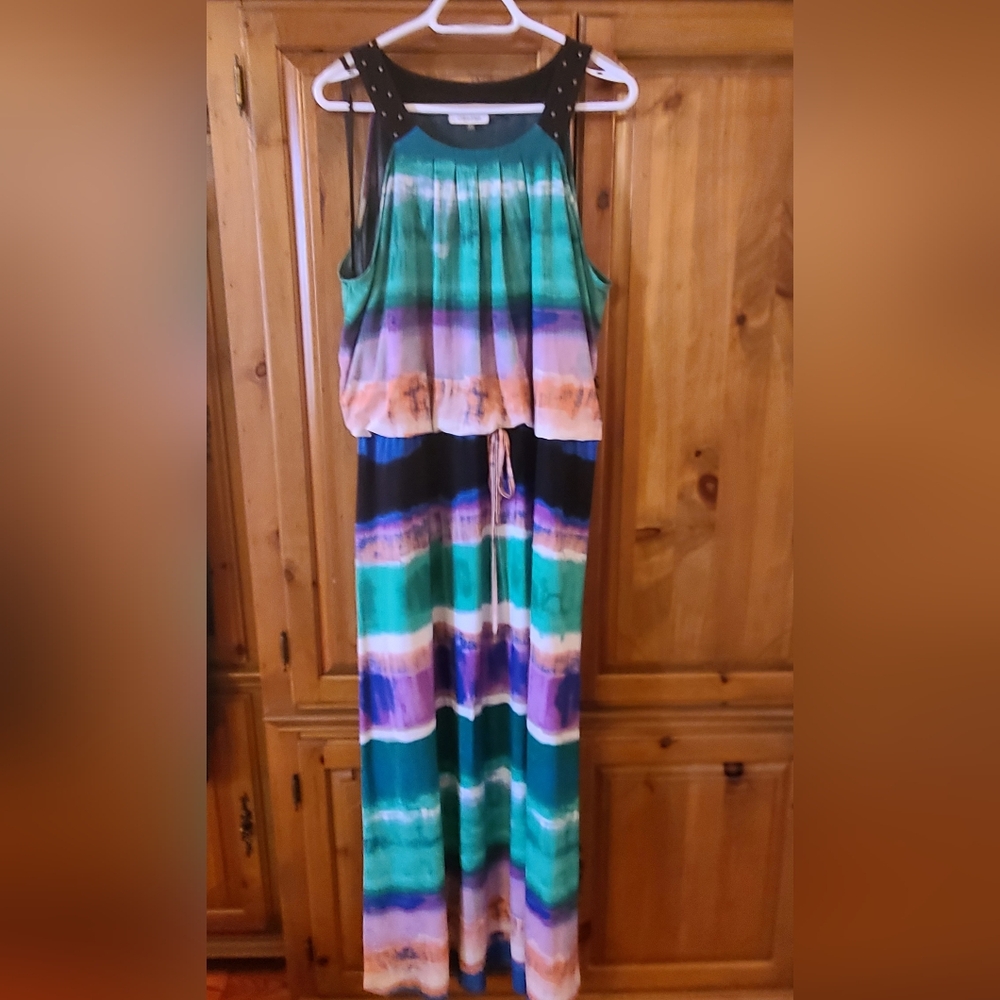 CALVIN KLEIN Boho Tie-Dye Maxi Dress with Studded Shoulders - Green/Purple